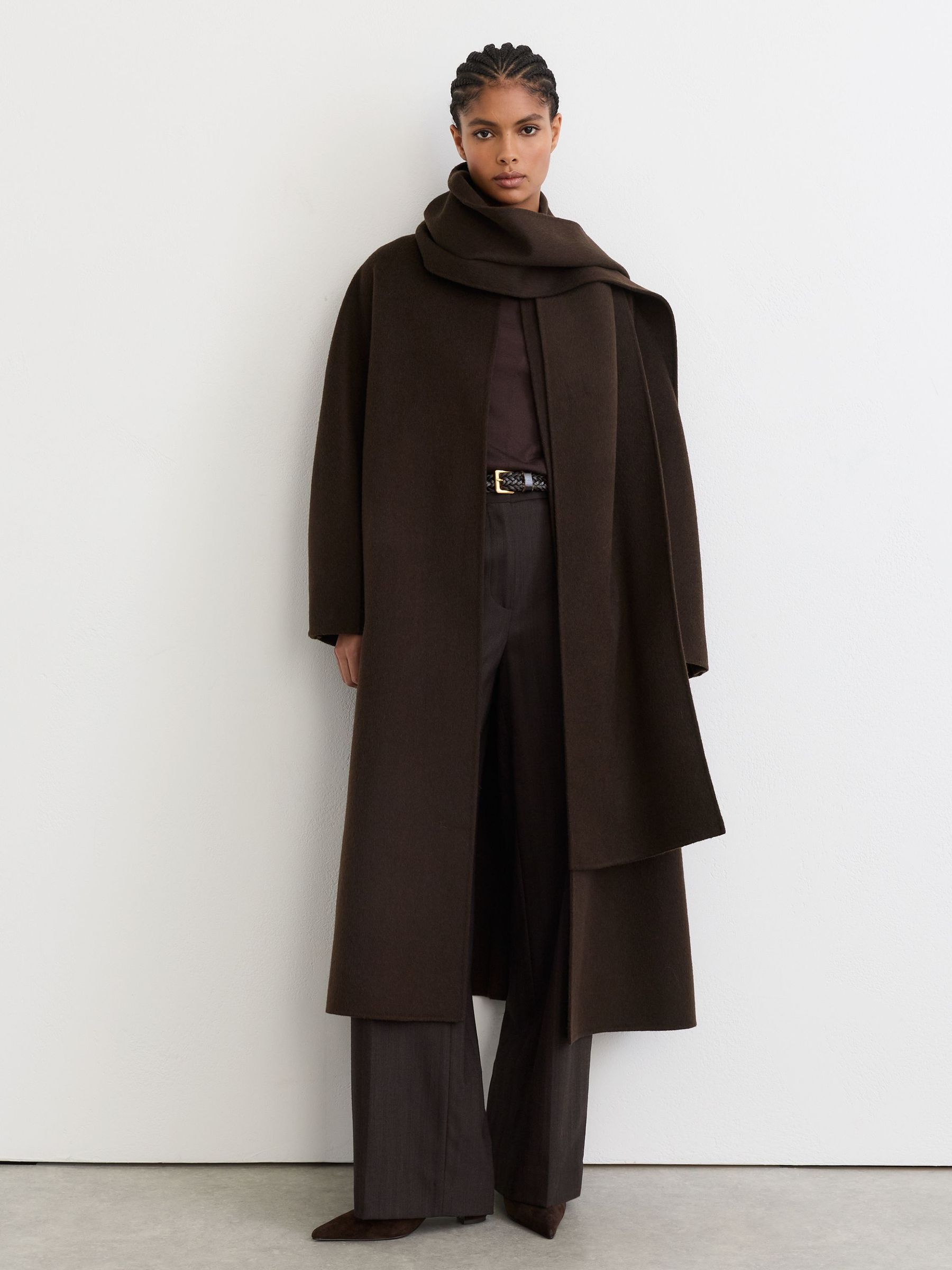 Chocolate Brown - Wool-blend Long Blind-seam Scarf Coat