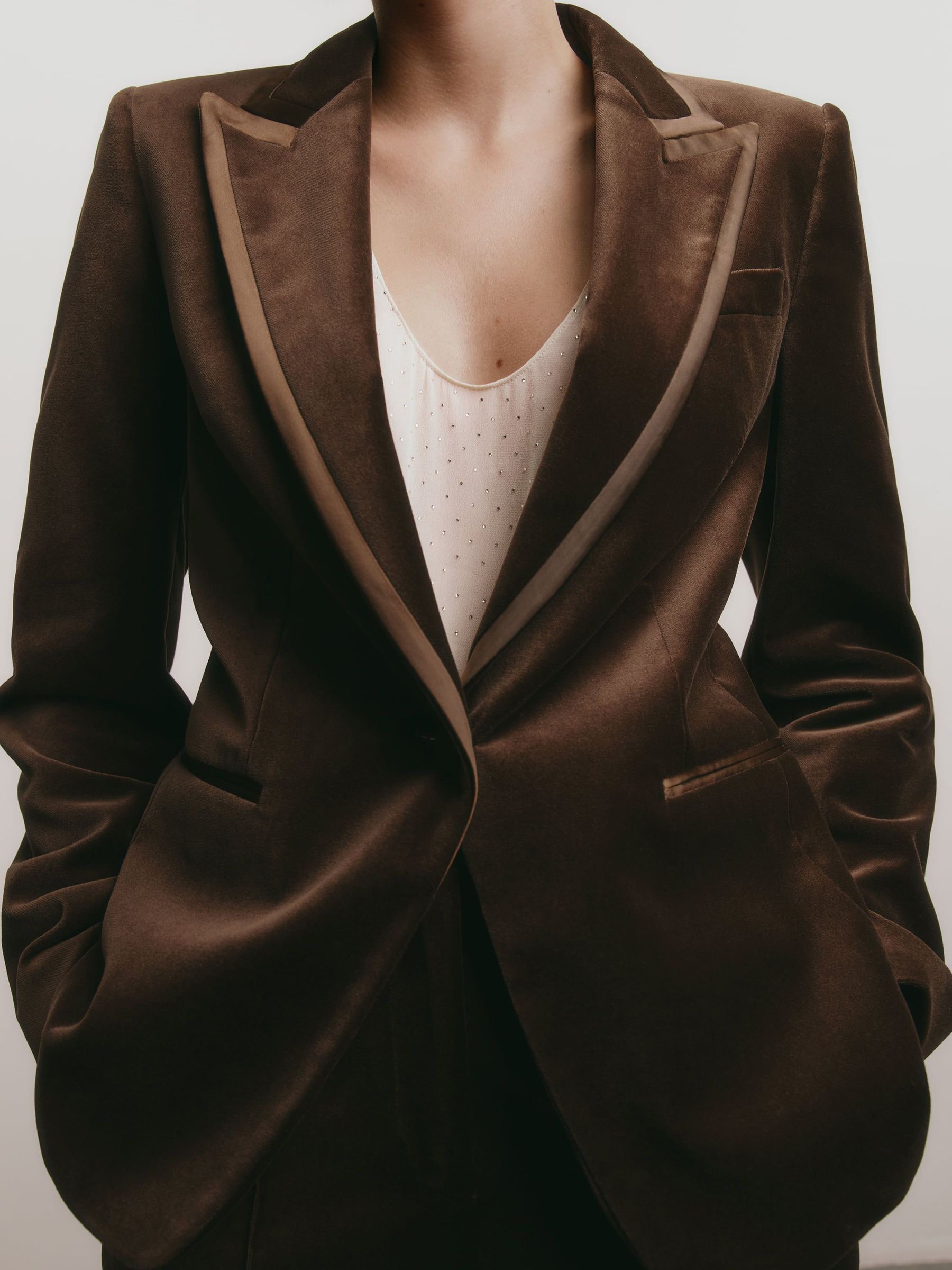 Mocha Brown - Velvet Satin-trim Single-breasted Suit Blazer