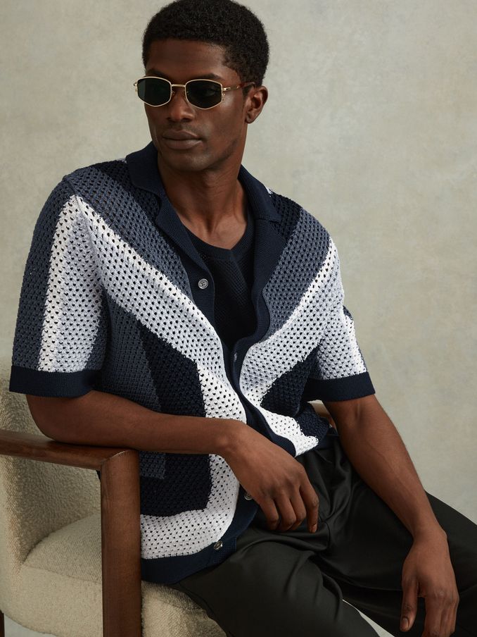 Cotton Blend Crochet Cuban Collar Shirt in Navy Multi (990620) | £48