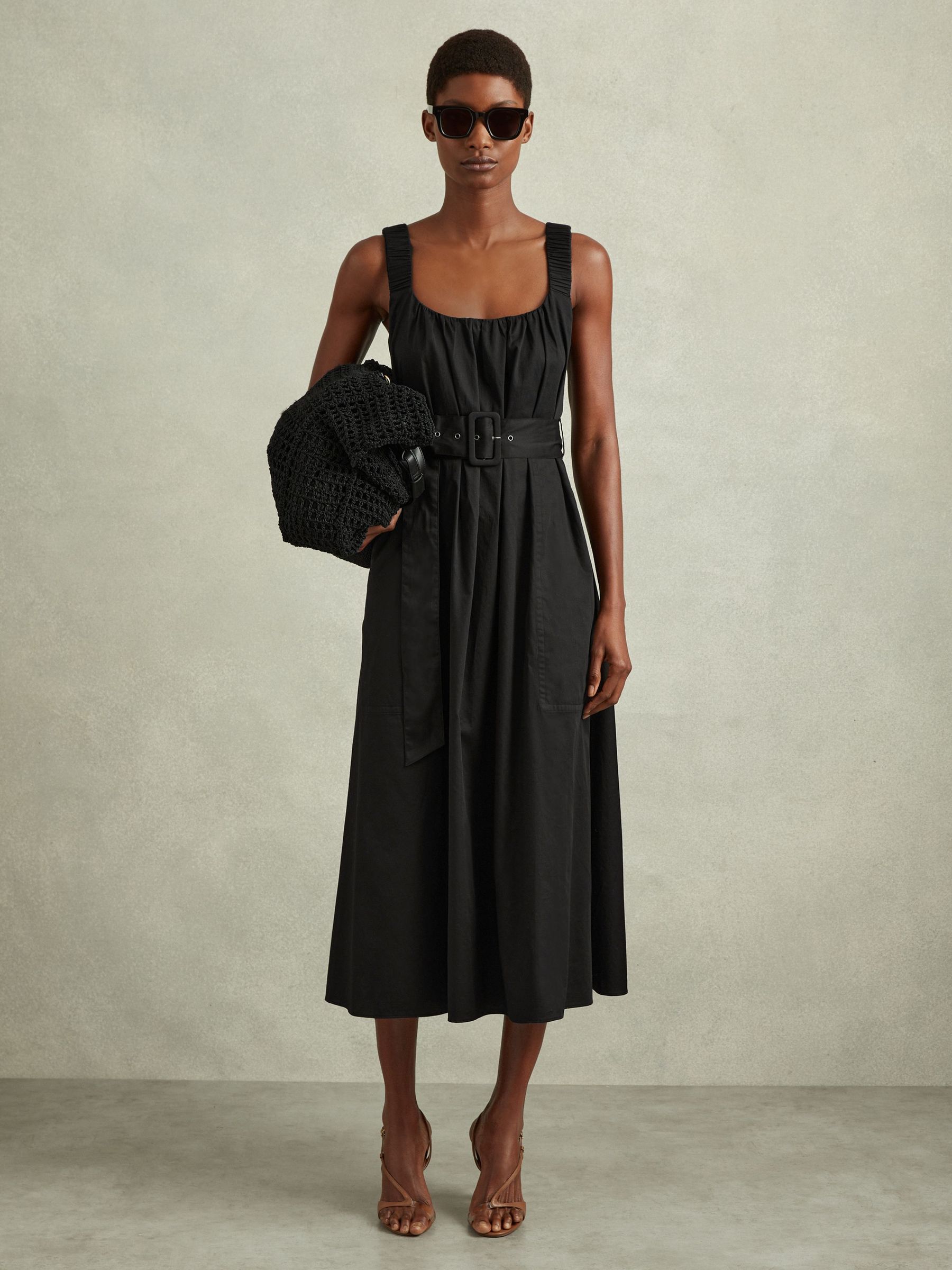 Cotton Ruched Strap Belted Midi Dress in Black (991144) | £59