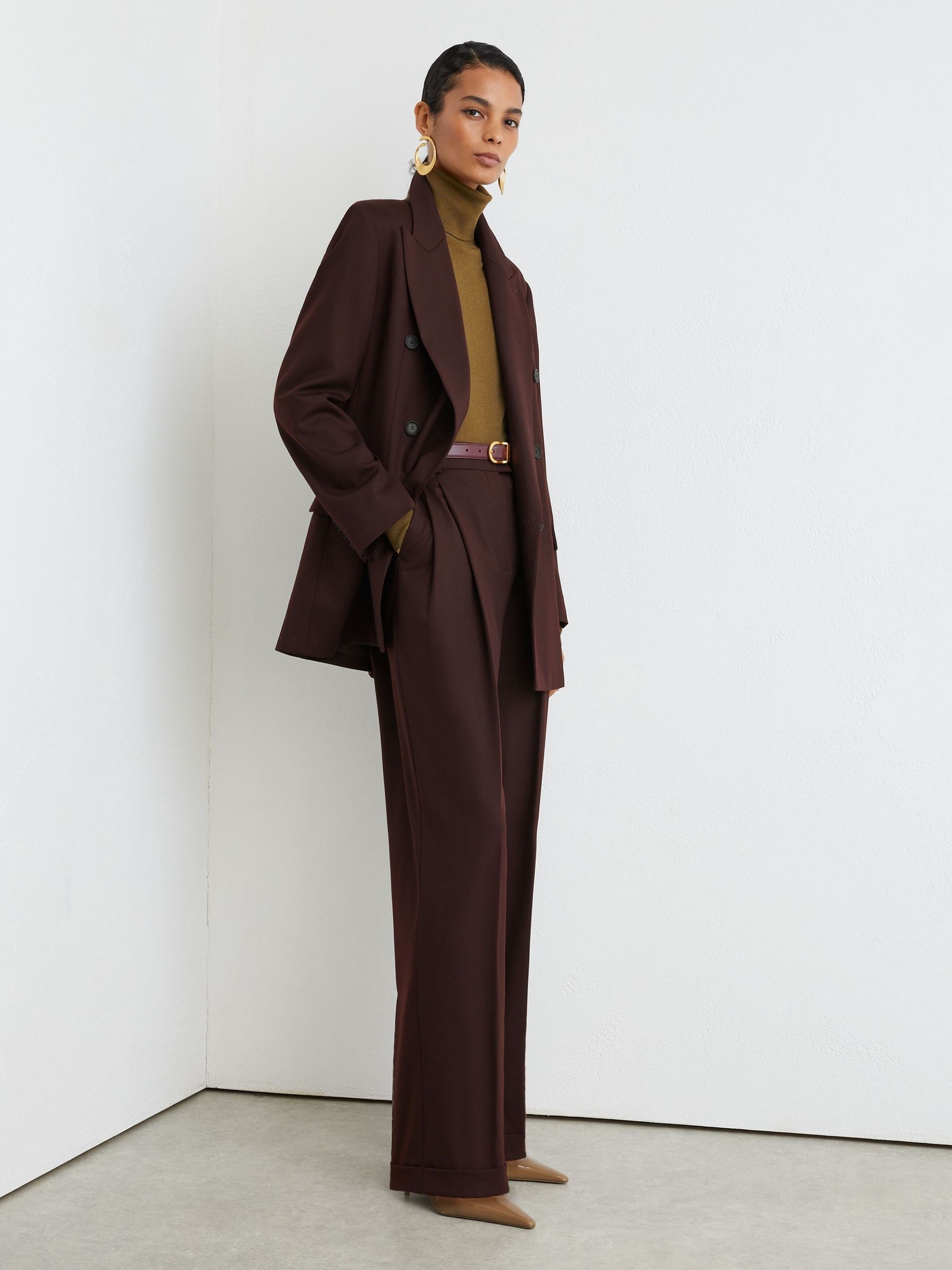Dark Aubergine - Wool-blend Wide-leg Pleated Suit Trousers