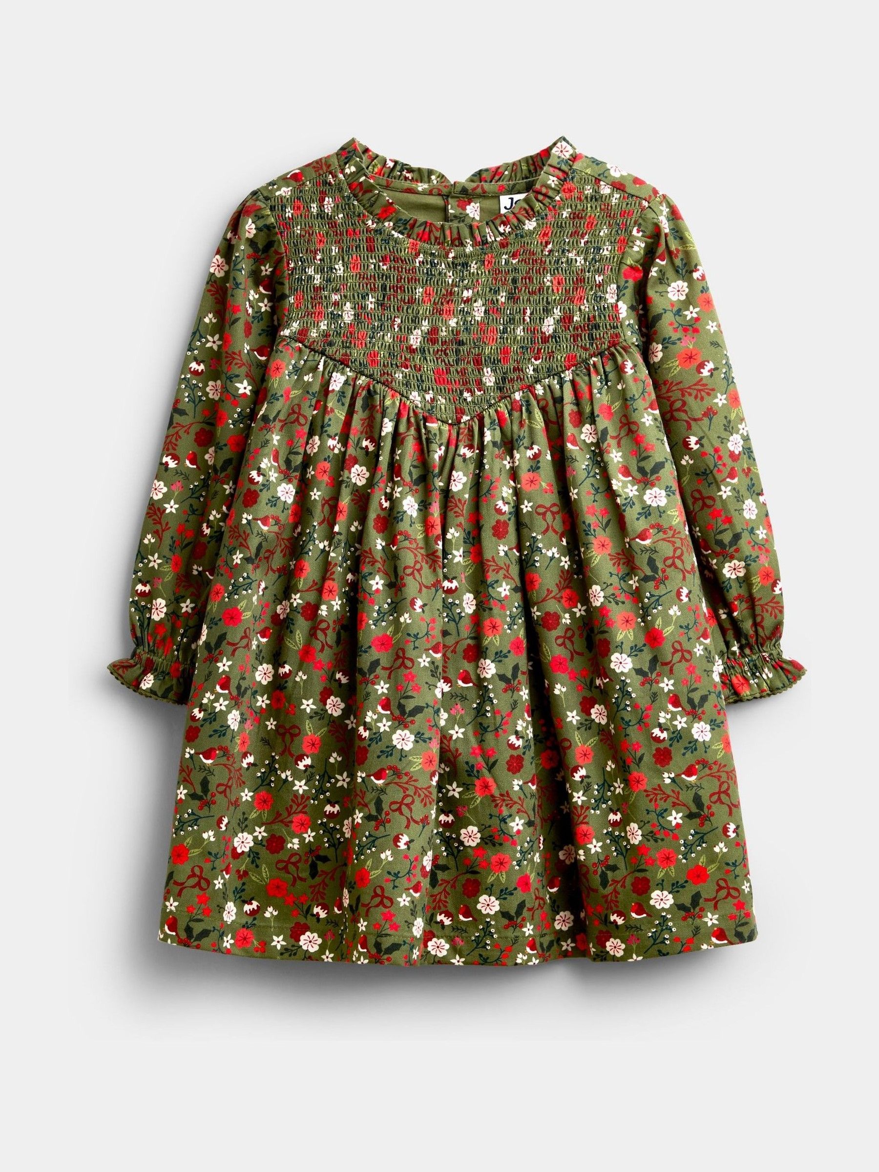 Olive Green Christmas - Print Smocked Dress
