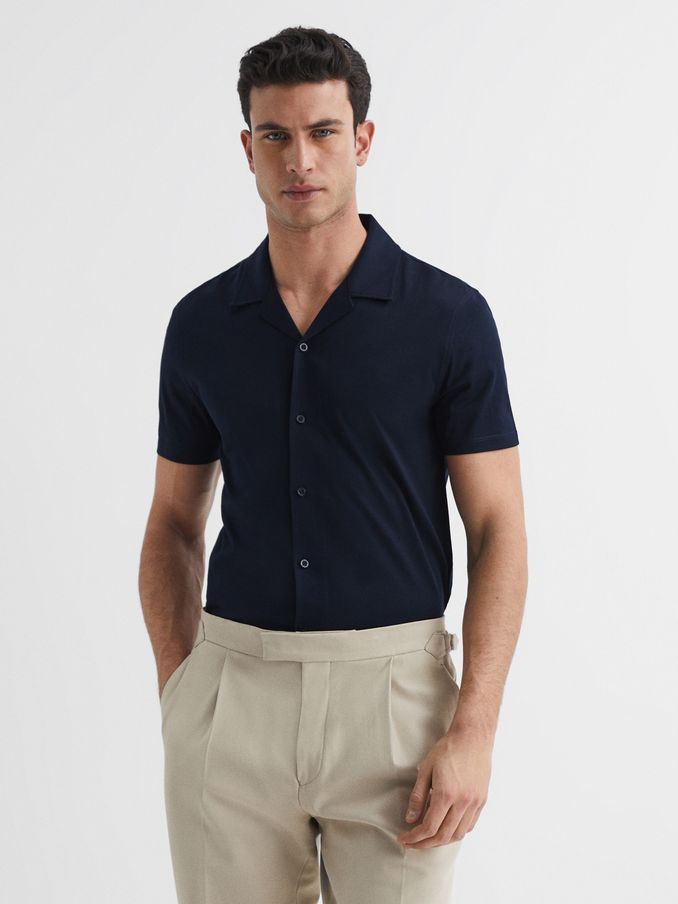 Mercerised 100% Cotton Jersey Cuban Collar Shirt in Navy (A34576) | £28
