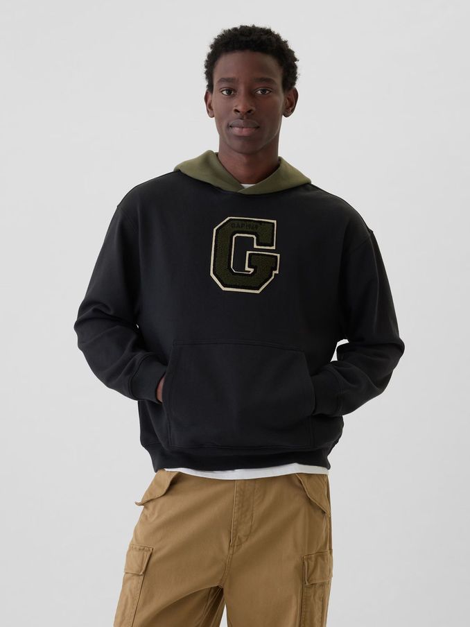 Black Heavyweight Colourblock Varsity Logo Hoodie (AA1474) | £24