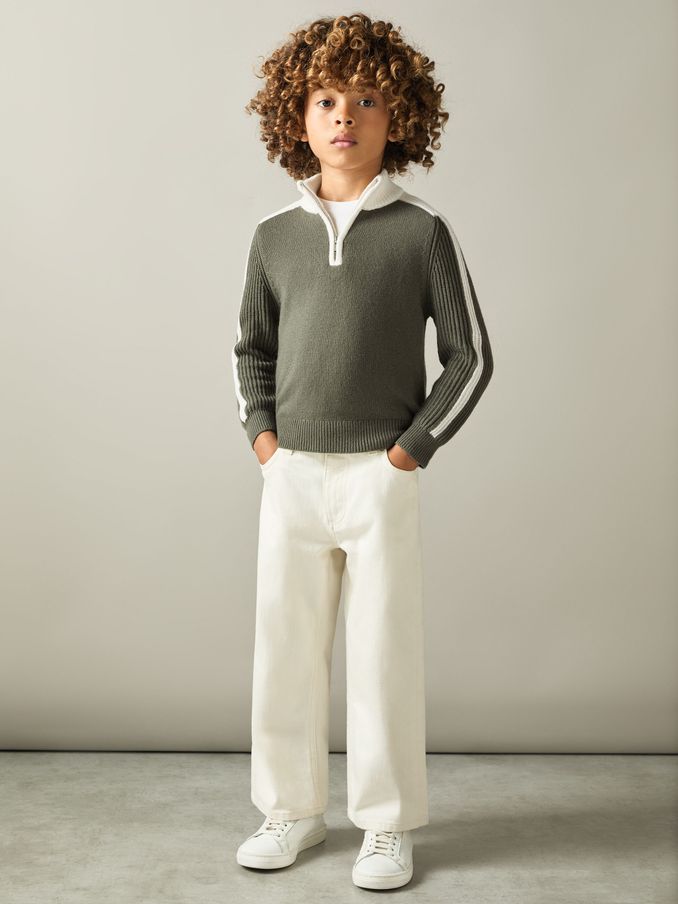 9-13 yrs Zipped Funnel-Neck Jumper with Wool and Cotton in Sage/White (AA1955) | £30