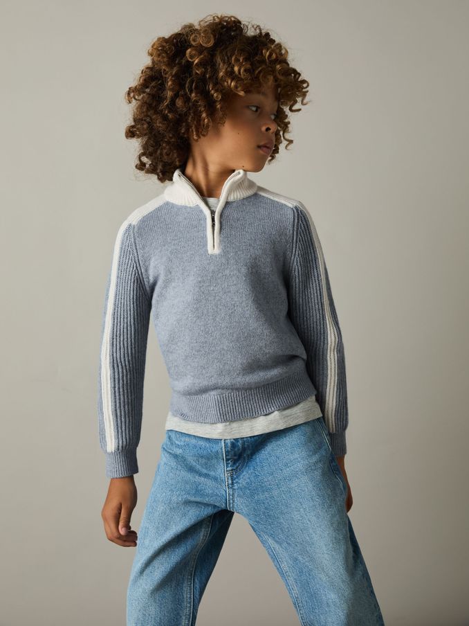 3-9 yrs Zipped Funnel-Neck Jumper with Wool and Cotton in Blue/White (AA1962) | £15