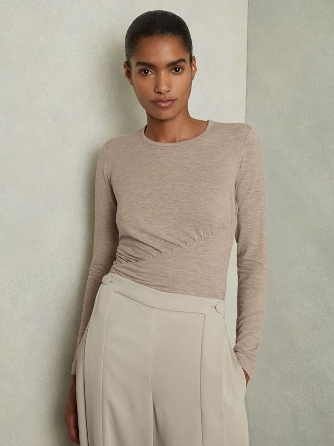 Marled Asymmetric Ruched Top in Neutral (AA2013) | £26