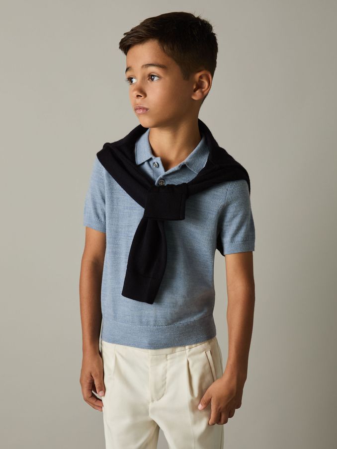 3-9 yrs Merino Polo Shirt in Soft Blue Melange (AA3630) | £30