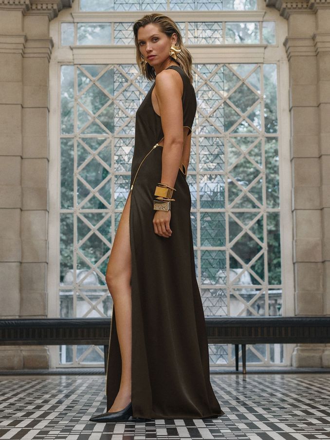Atelier Zipped Satin Maxi Dress with Virgin Wool in Chocolate (AA3631) | £495