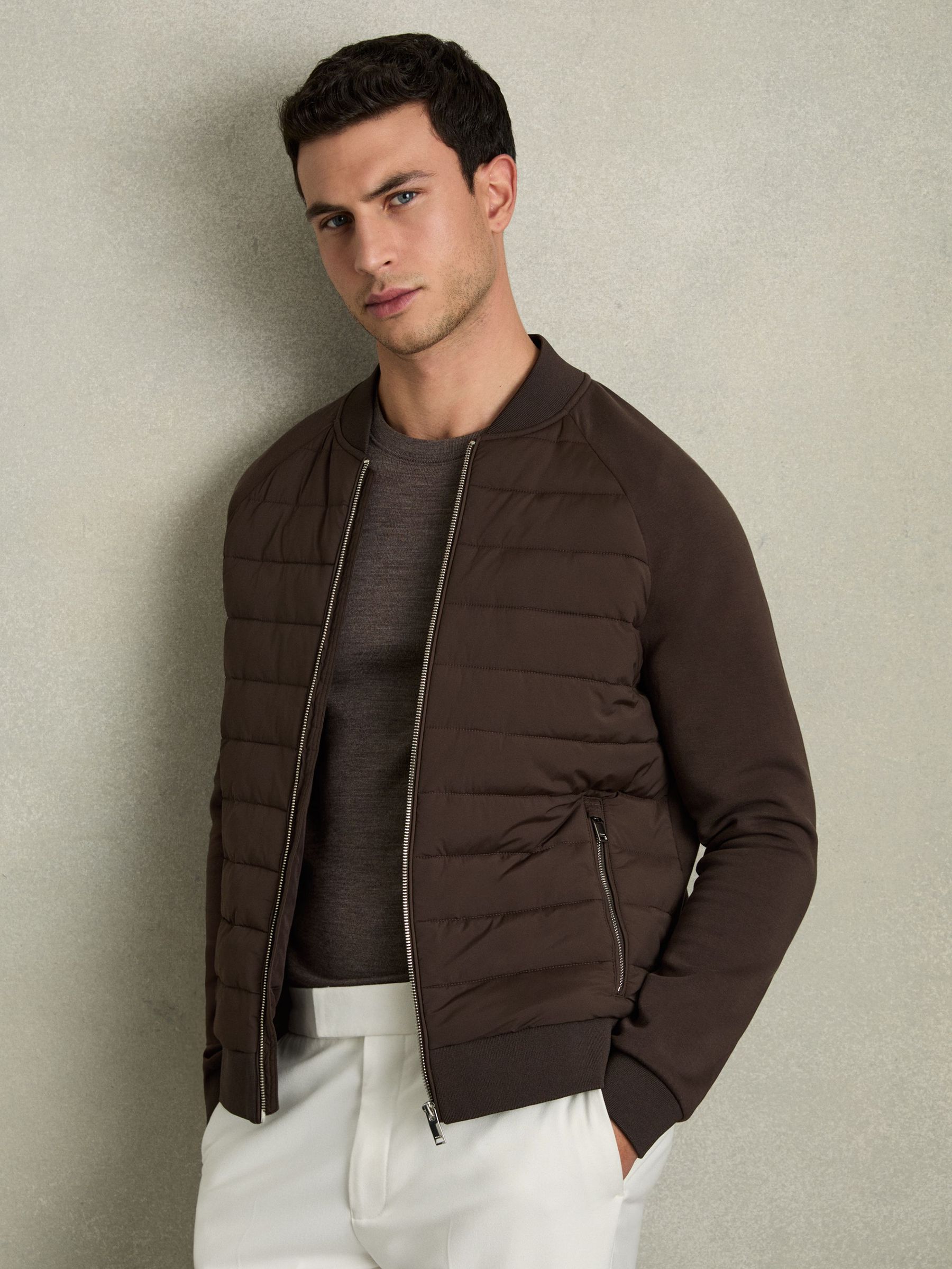 Hybrid Quilt Raglan-Sleeve Bomber Jacket in Dark Chocolate (AA4563) | £118
