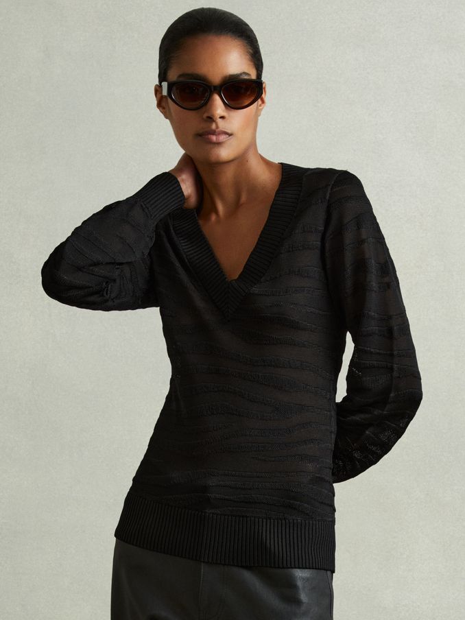 Striped V-Neck Jumper in Black (AA4564) | £41