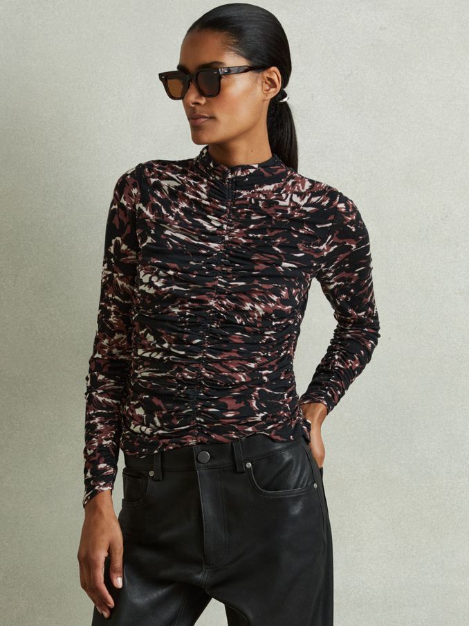 Printed Ruched Top in Black/Brown (AA4575) | £25