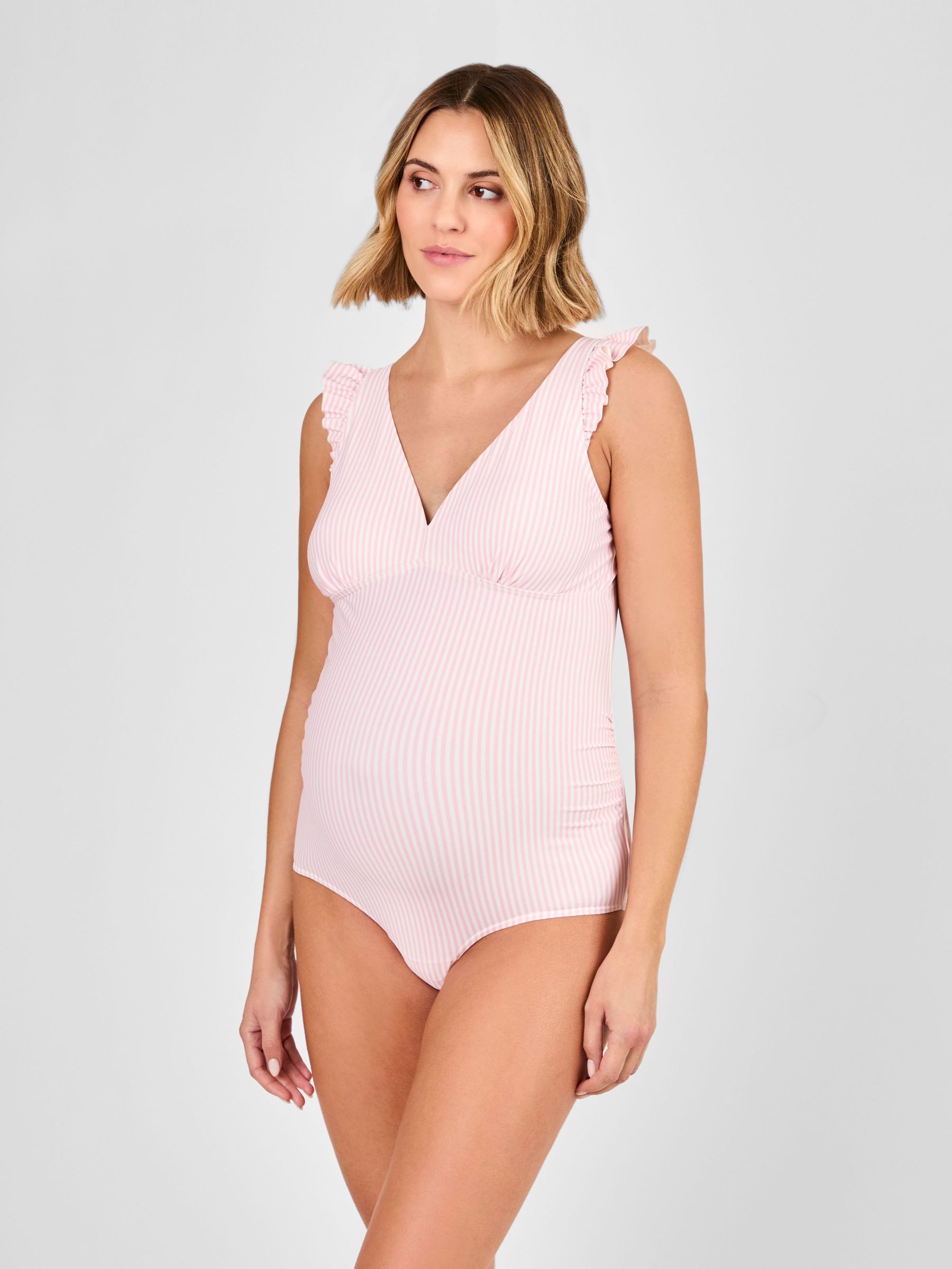 Pink Maternity Stripe Frill Sleeve V-Neck Swimsuit (AA6013) | £32
