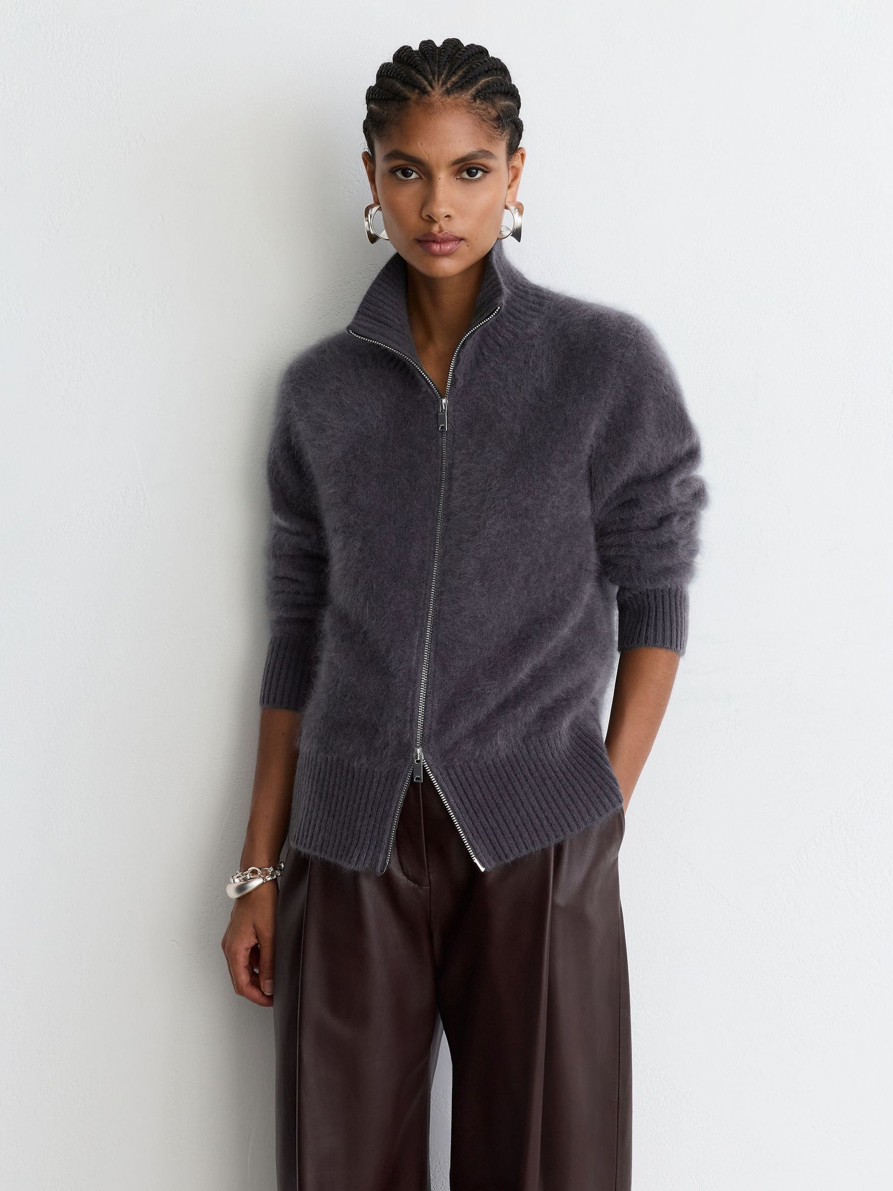 Charcoal Grey - Brushed Cashmere Zip-through Cardigan