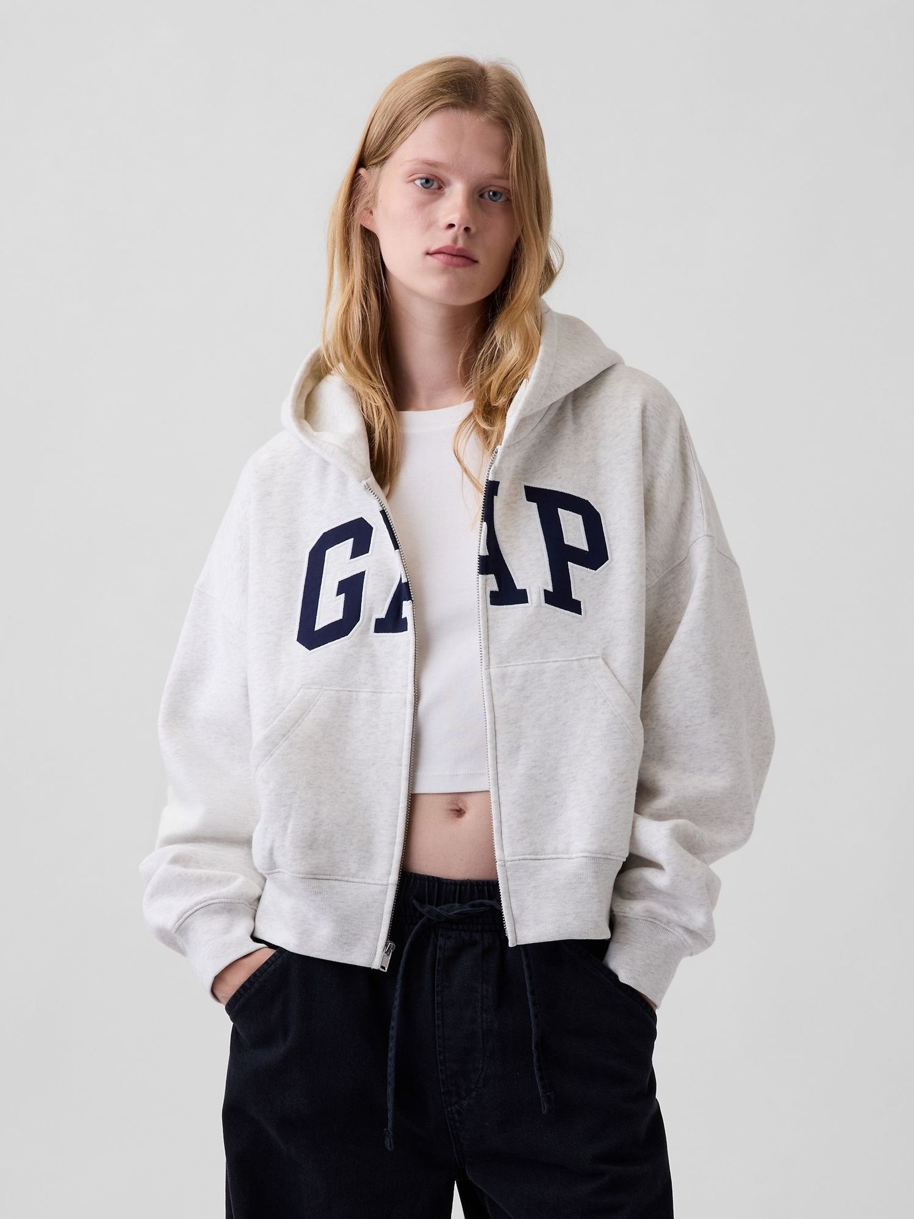Grey - Vintage Soft Oversized Logo Zip-up Hoodie