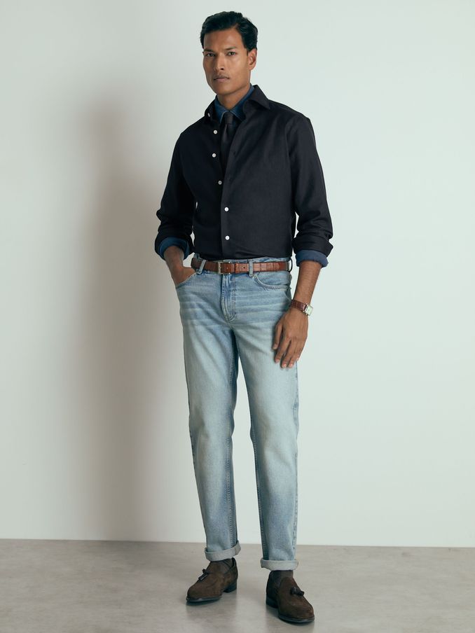 Atelier Cotton-Piqué Long-Sleeve Shirt in Navy (AB1783) | £101