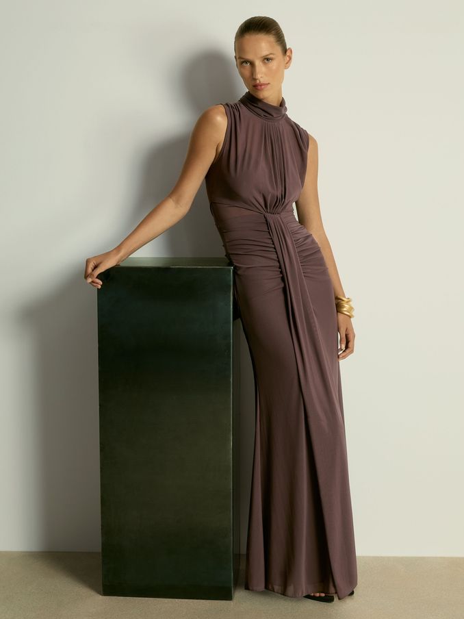 Petite Sheer Ruched Maxi Dress in Taupe (AB2012) | £198