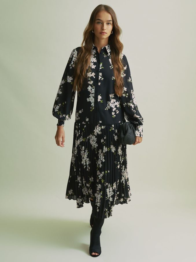 Florere Dropped Waist Shirt Midi Dress in Black (AB2077) | £99