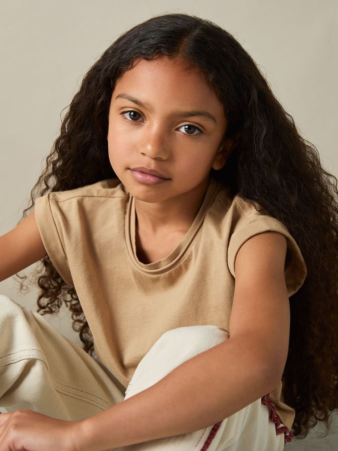 4-9 yrs Cotton-Jersey Cropped T-Shirt in Camel (AB2306) | £10