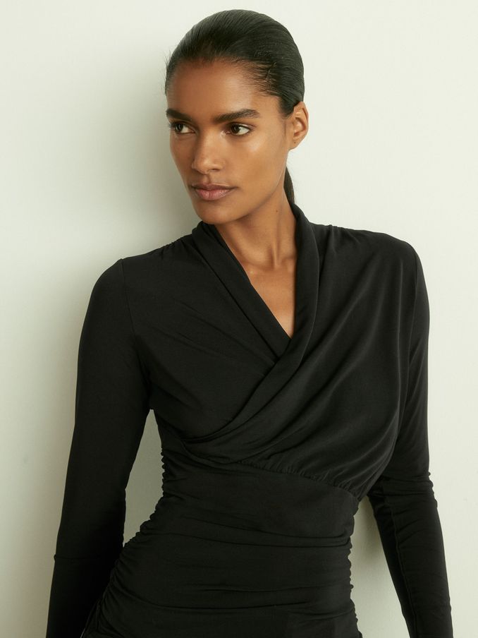 Mesh Wrap-Neck Ruched Top in Black (AB2344) | £29
