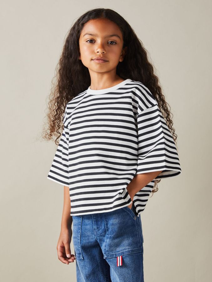 9-13 yrs Oversized Striped Cotton T-Shirt in Navy (AB2394) | £10