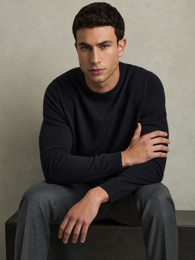 Wool Argyle Crew-Neck Jumper in Navy (AB2447) | £110