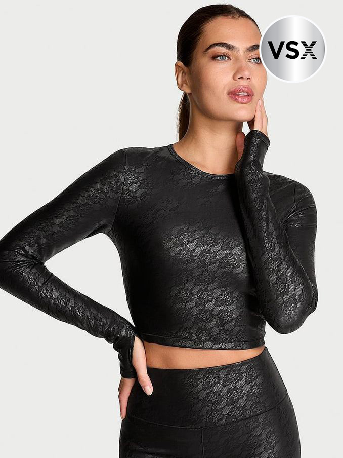Black Faux Leather Lace Long Sleeve Crop Top (AB2800) | £24