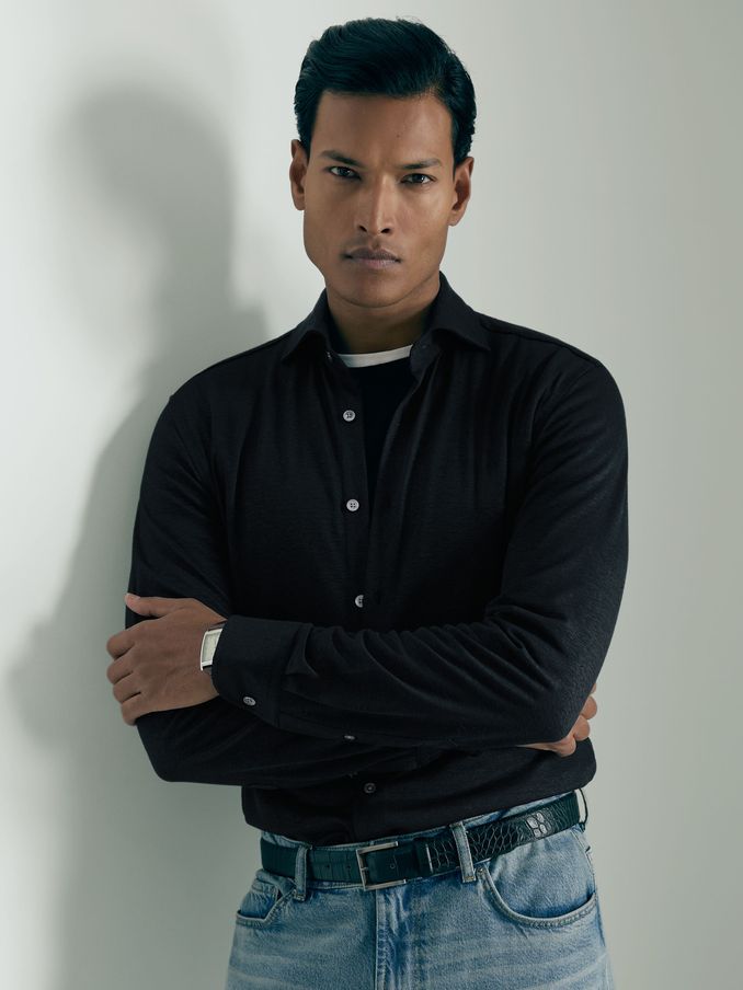 Atelier Linen-Blend-Jersey Shirt in Navy (AB3818) | £101
