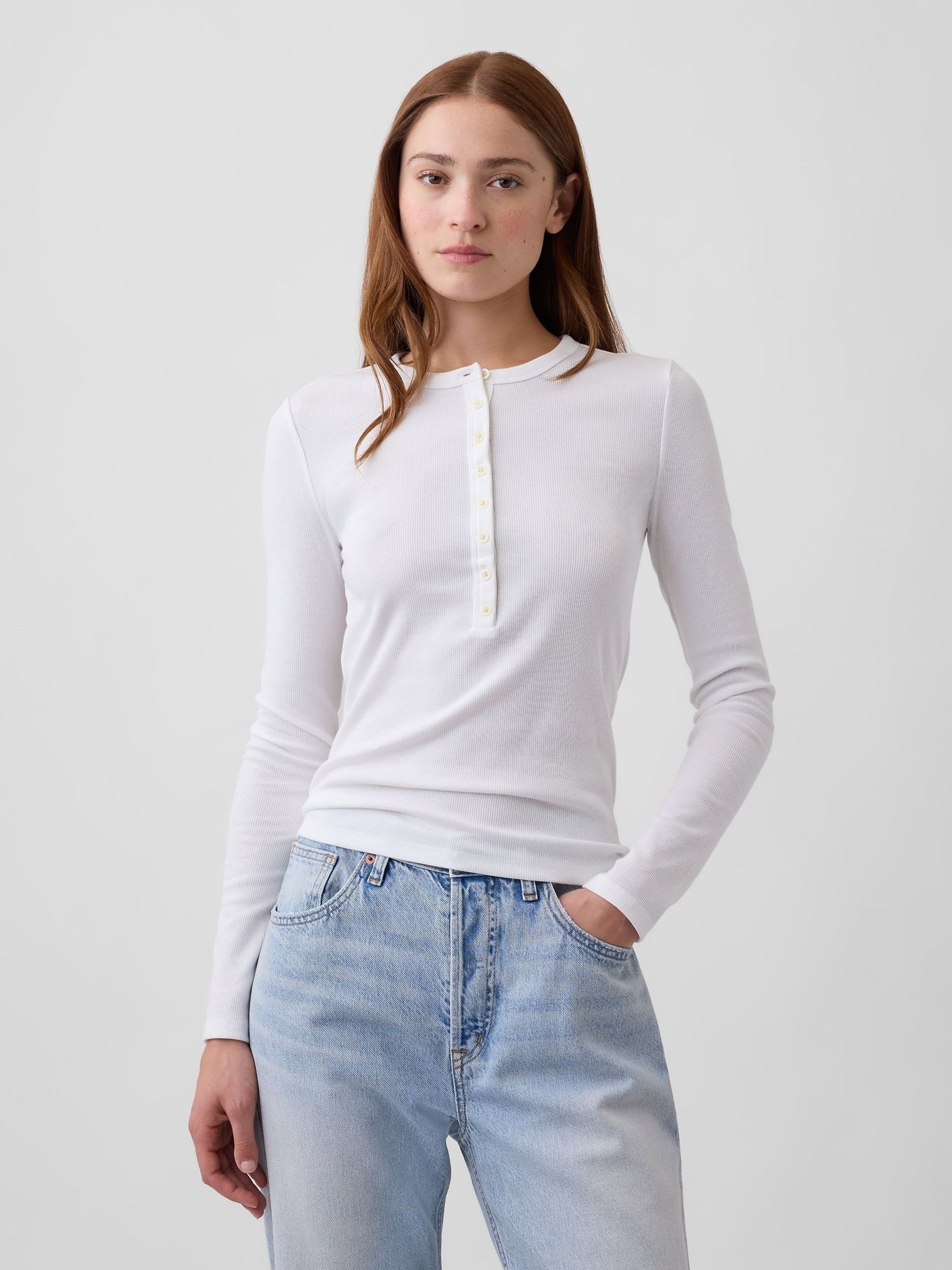 White - Ribbed Henley Long Sleeve T-shirt