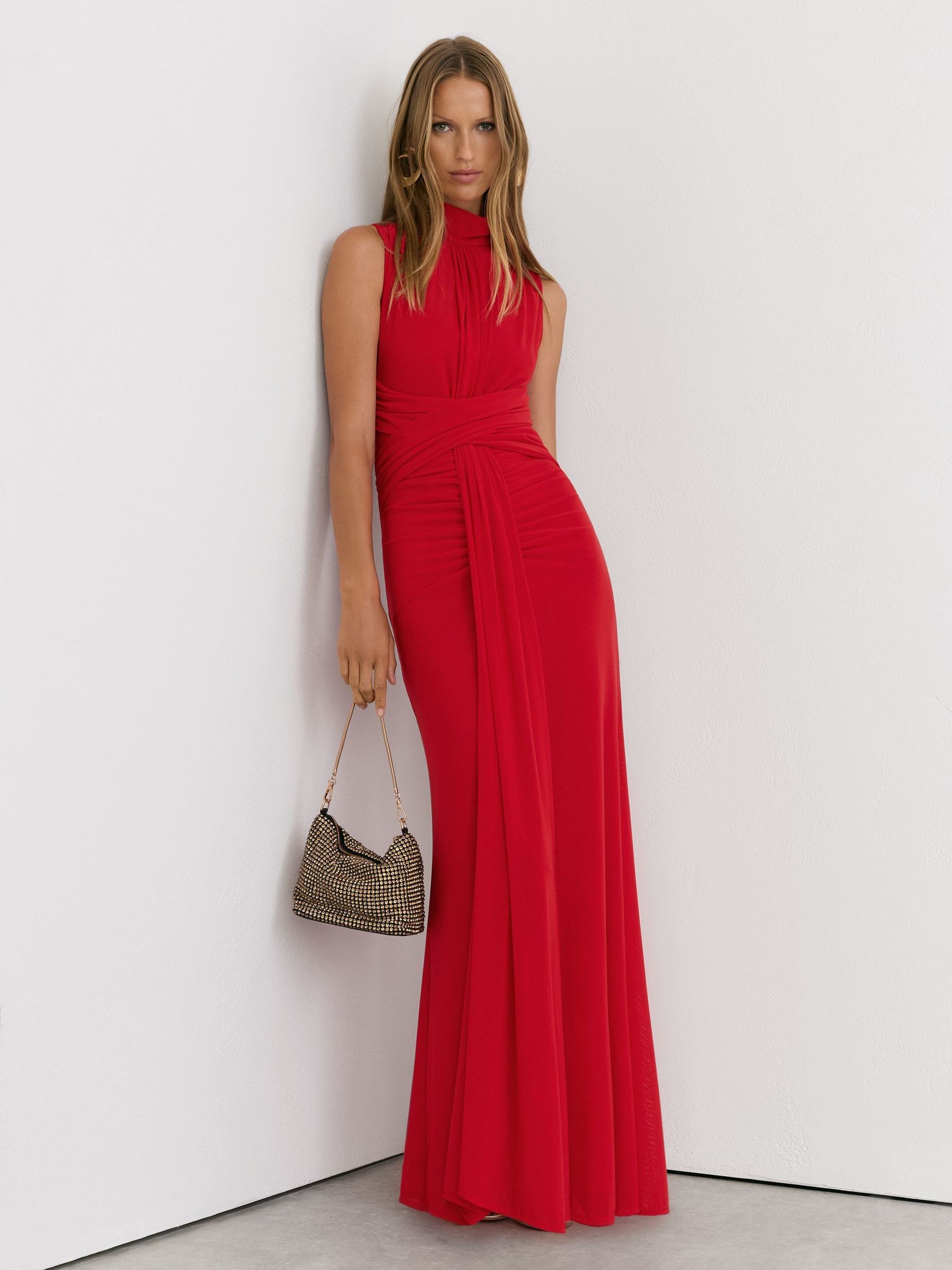 Red - Sheer Ruched Sleeveless Maxi Dress