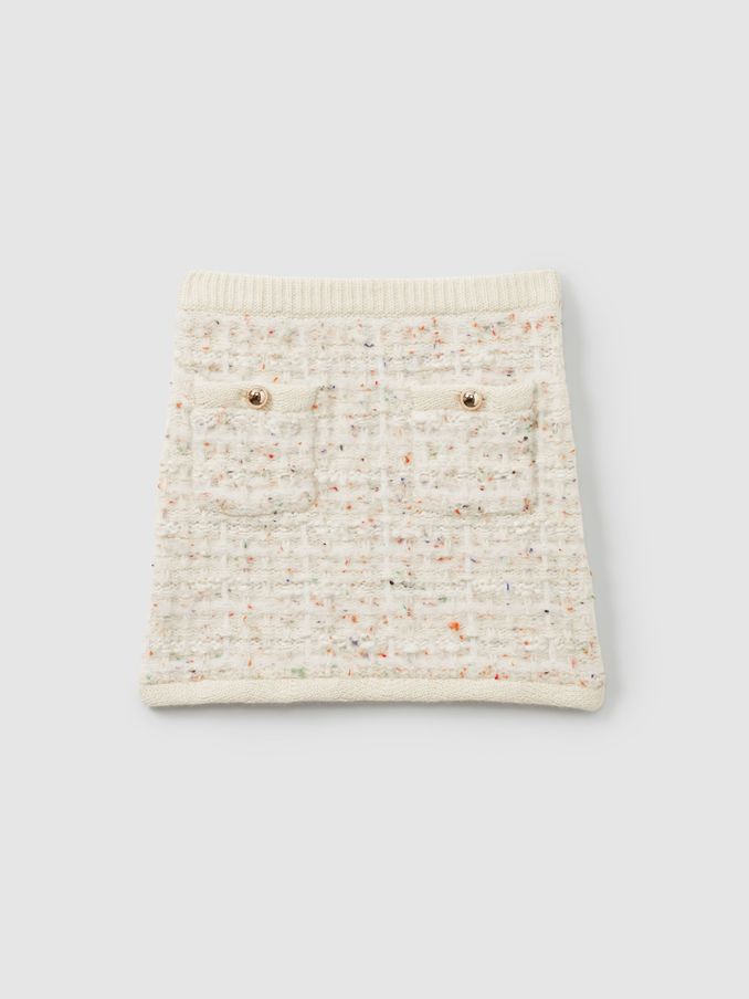 13-14 yrs Tweed-Effect Knitted Mini Skirt with Merino in Cream (AB4607) | £30