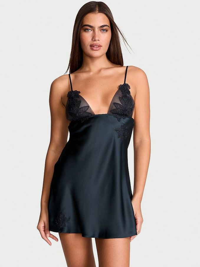 Dark Twilight Blue Ziggy Embellished Triangle Mini Slip Dress (AB5196) | £75
