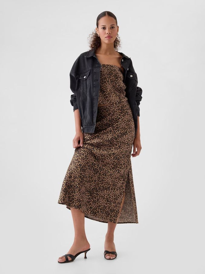 Brown Leopard Print Satin Maxi Skirt (AC0972) | £30