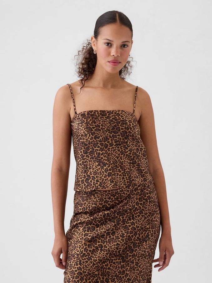 Brown Leopard Print Satin Square Neck Cami Top (AC0973) | £12