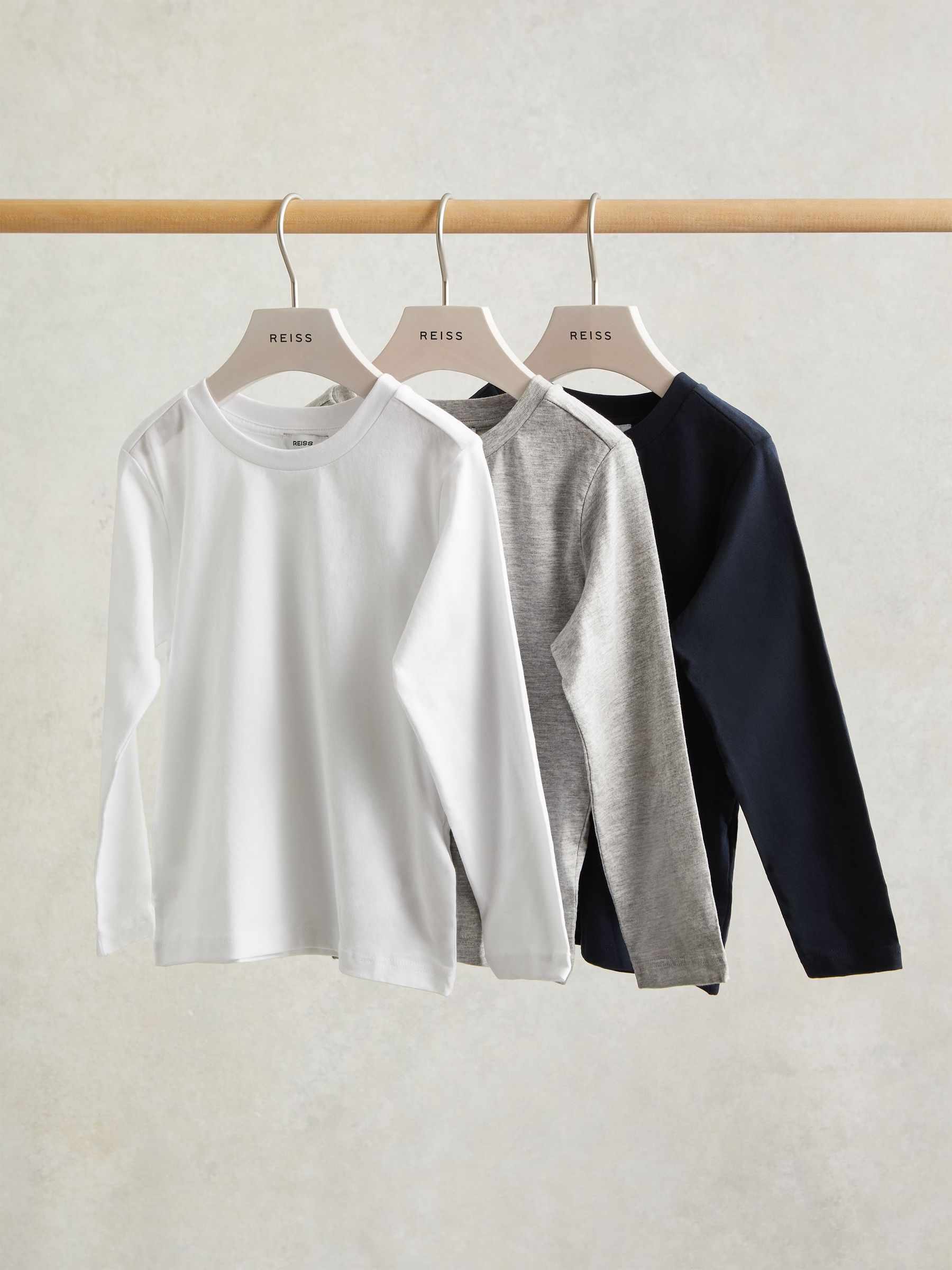 9-13 yrs Cotton Jersey Long Sleeve T-Shirts 3 Pack in White/Soft Grey/Navy (AC1006) | £28