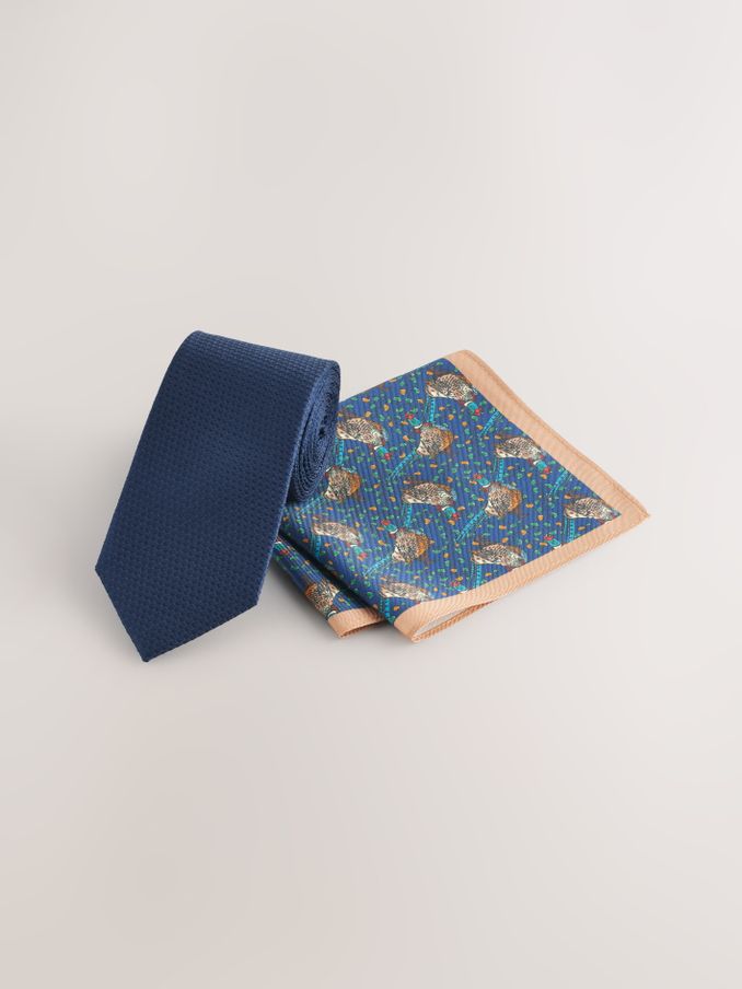 Navy Blue Pheasant Two-Piece Silk Tie And Pocket Square (AC2083) | £35