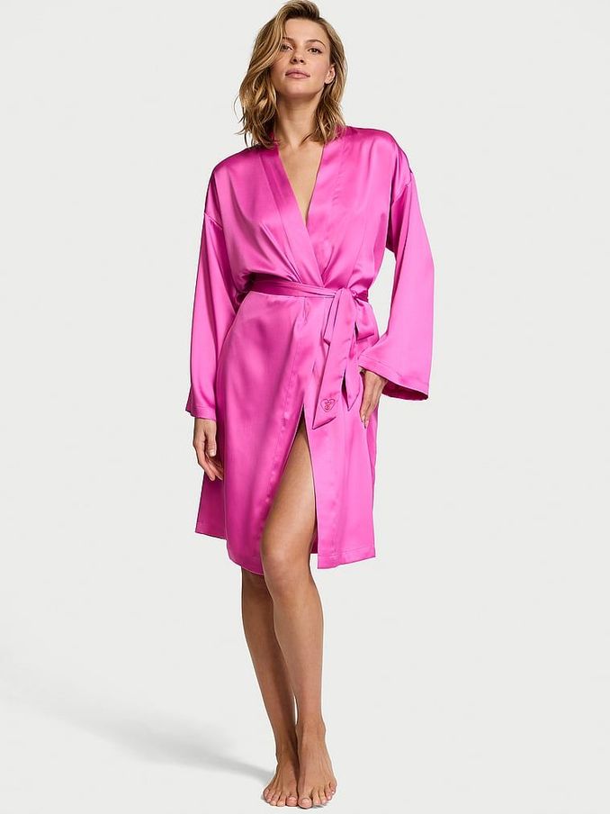 New Peony Pink Satin Midi Robe (AC3467) | £59