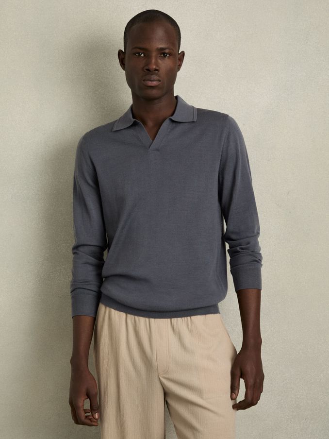 Merino Wool Half-Zip Polo Shirt in Blackened Blue (AC4750) | £58