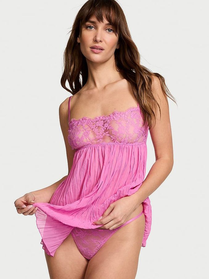 New Peony Pink Lace Top Pleated Babydoll Set (AC5277) | £59