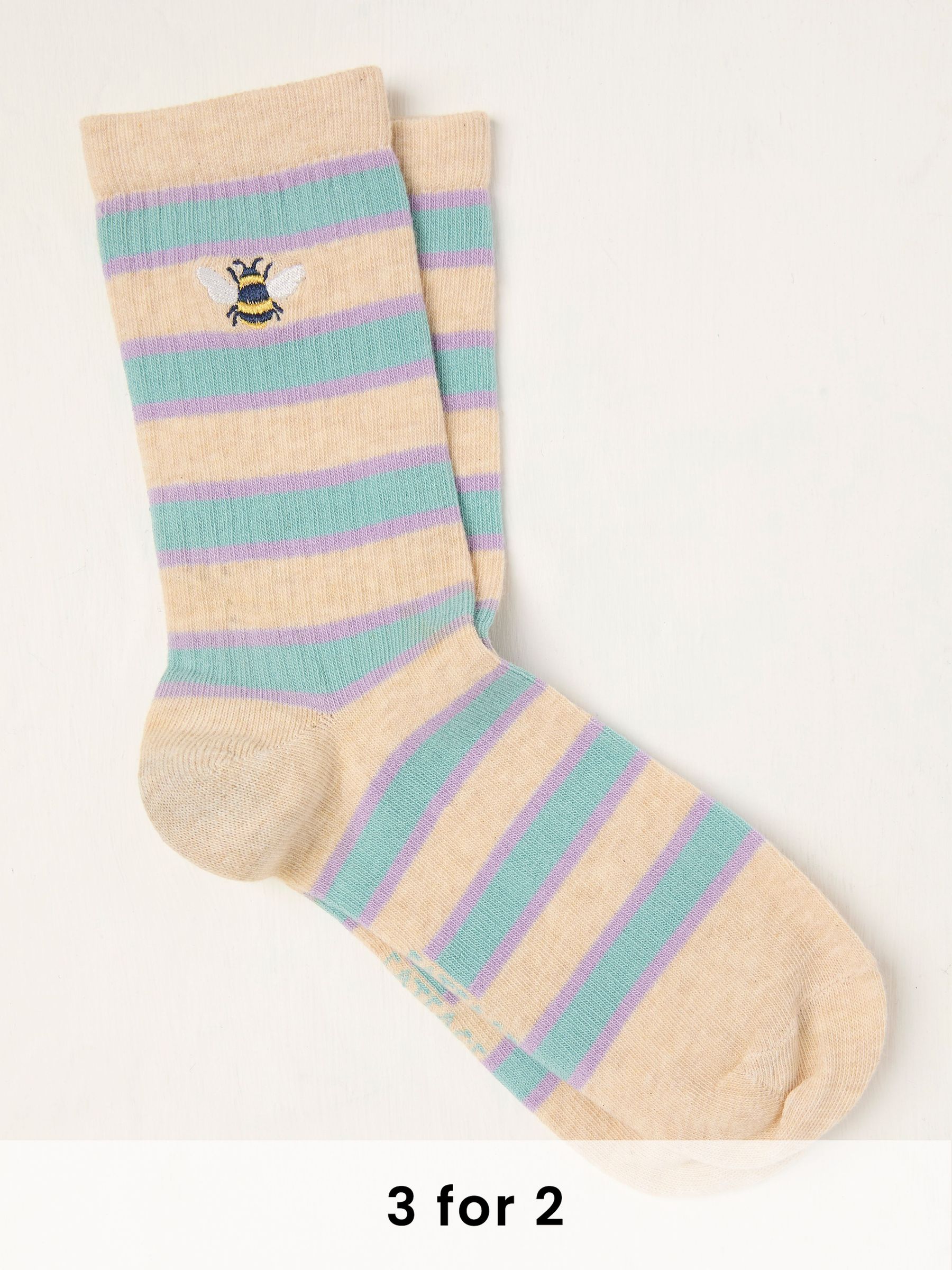 Oatmeal Embroidered Bee Socks (AC5383) | £7.50