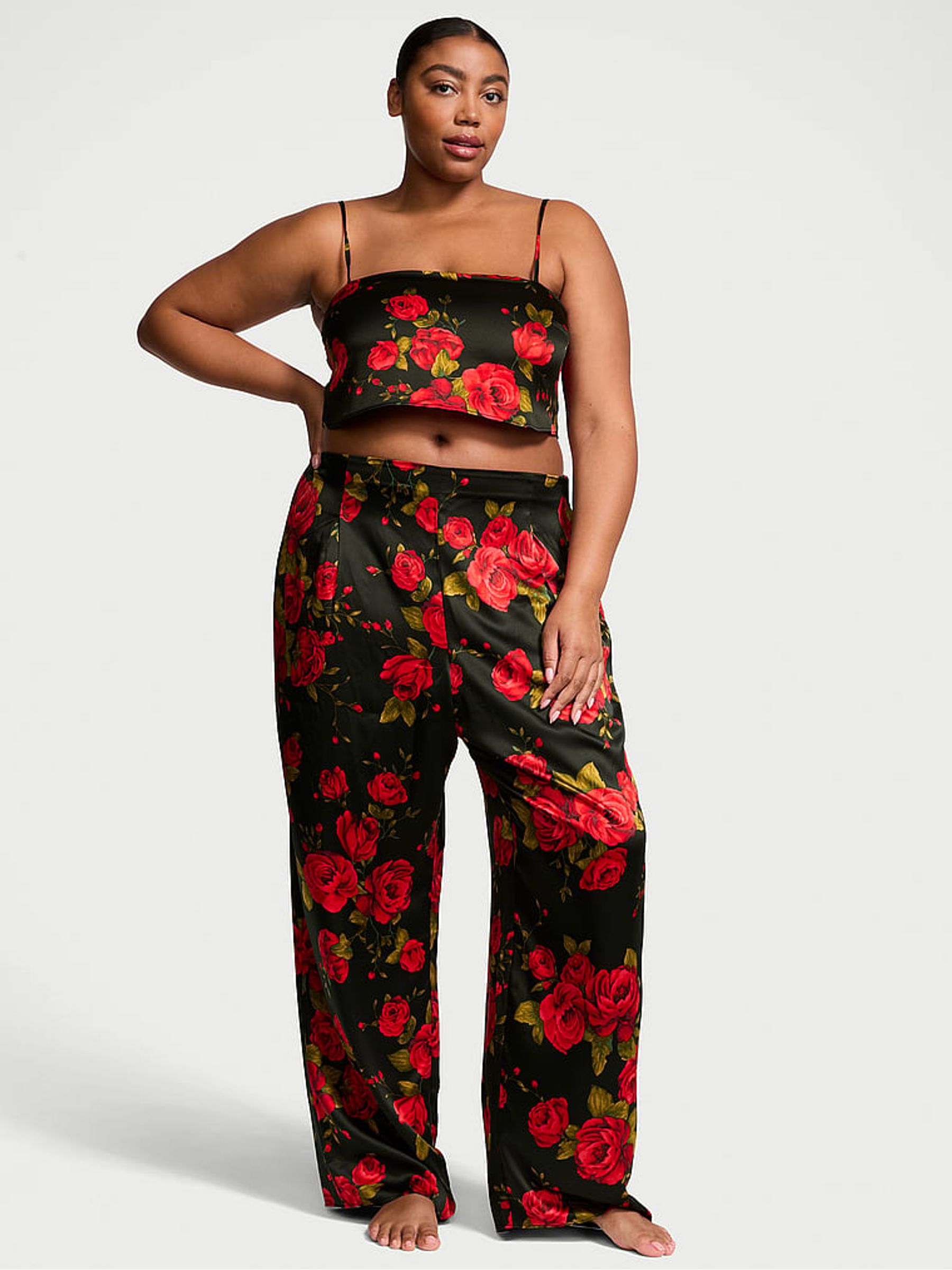 Black Glamorous Rose Satin Cropped Pyjama Set (AC5694) | £85