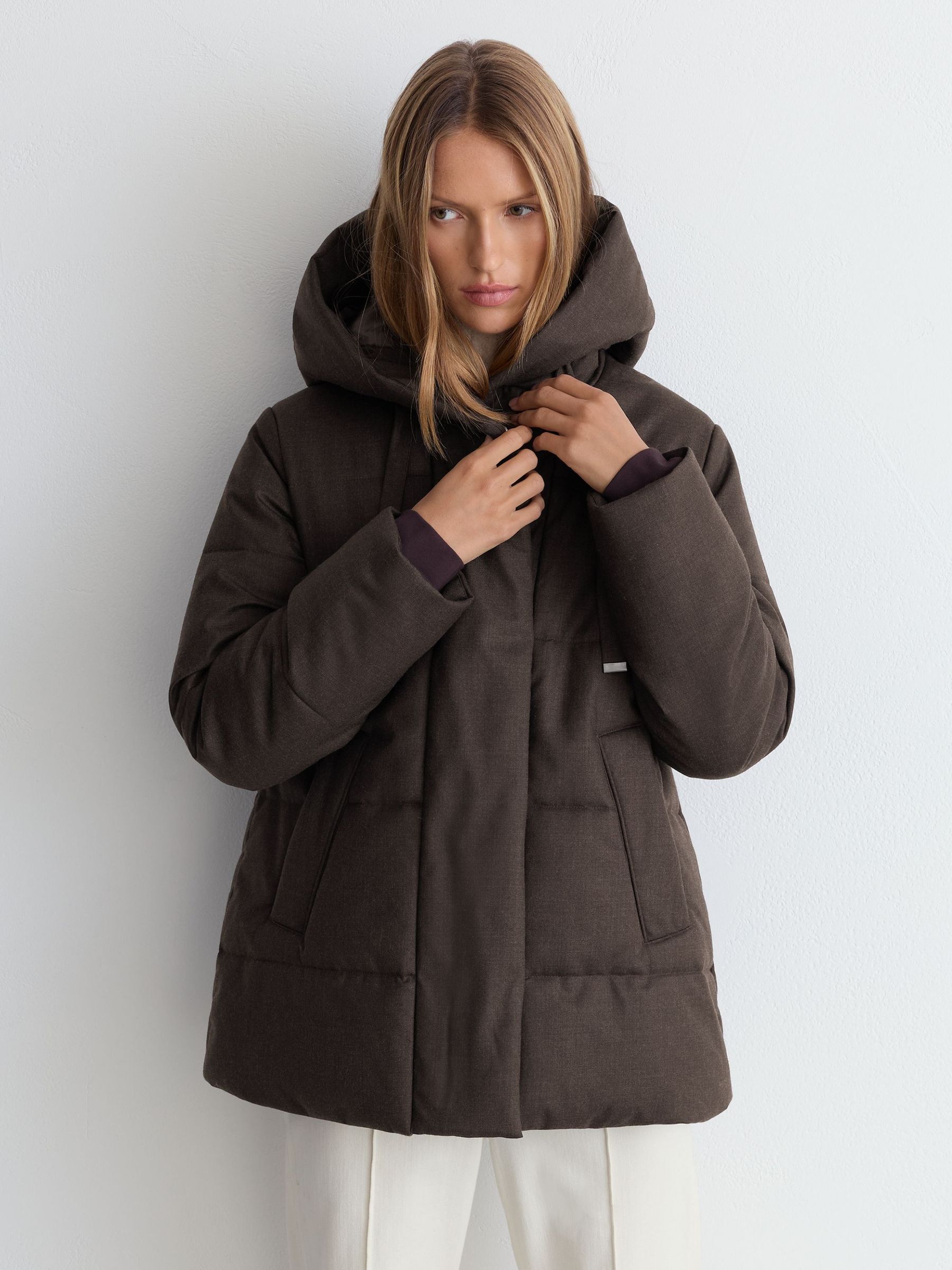 Brown - Wool Hooded Puffer Coat