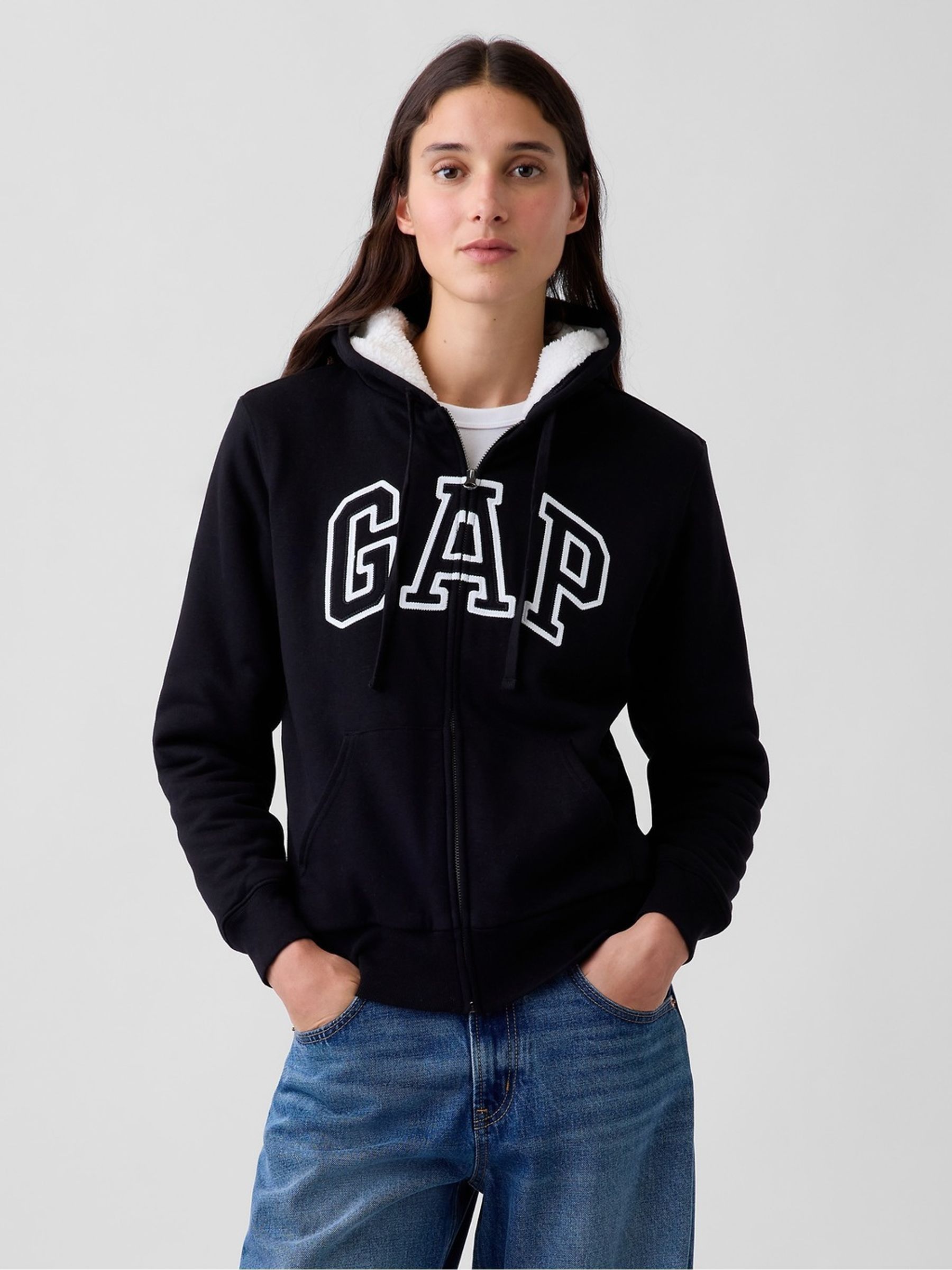 Black - Relaxed Logo Sherpa-lined Zip-up Hoodie