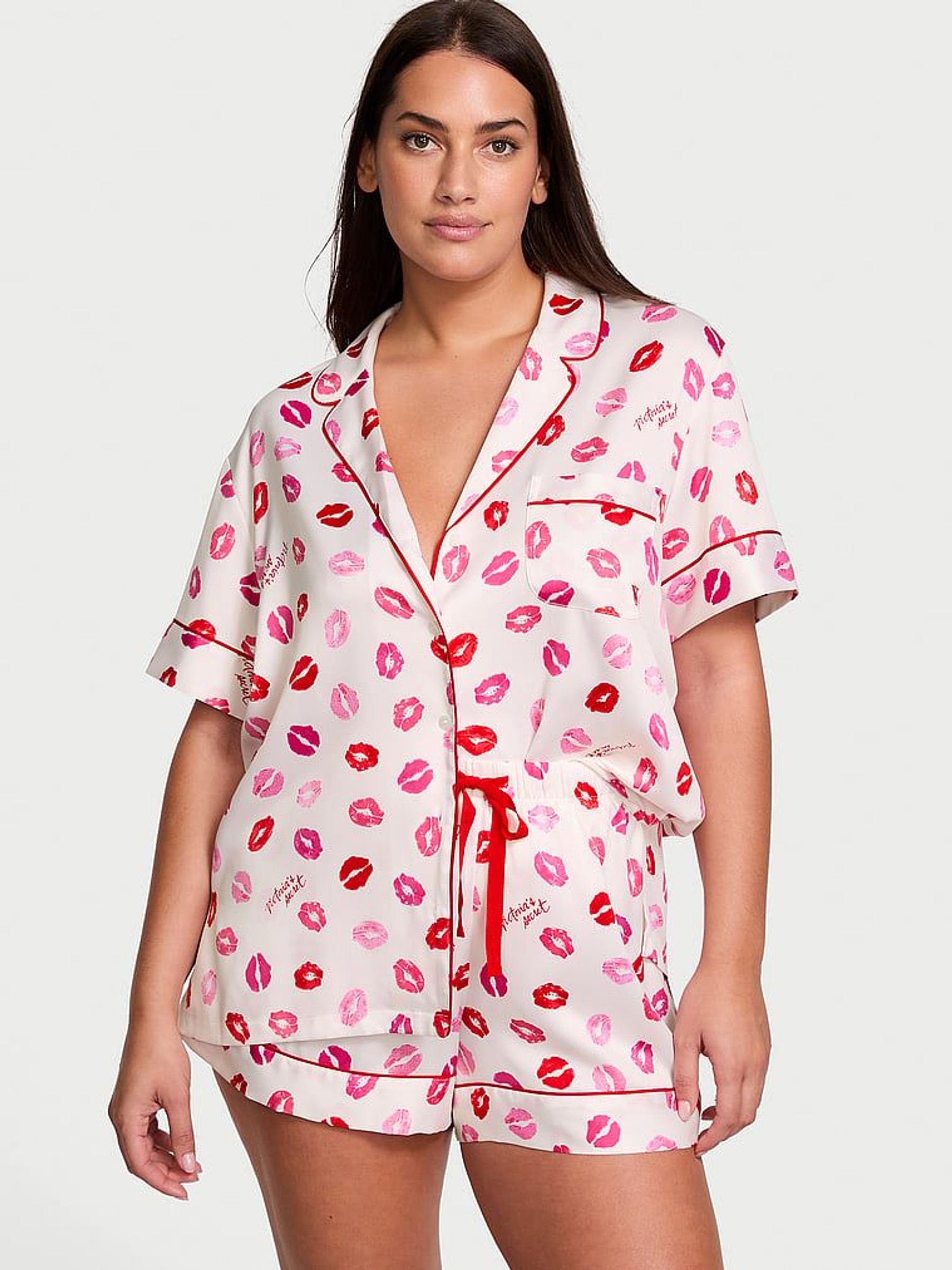 Coconut White & Lipstick Kisses Satin Short Pyjama Set (AC7497) | £65