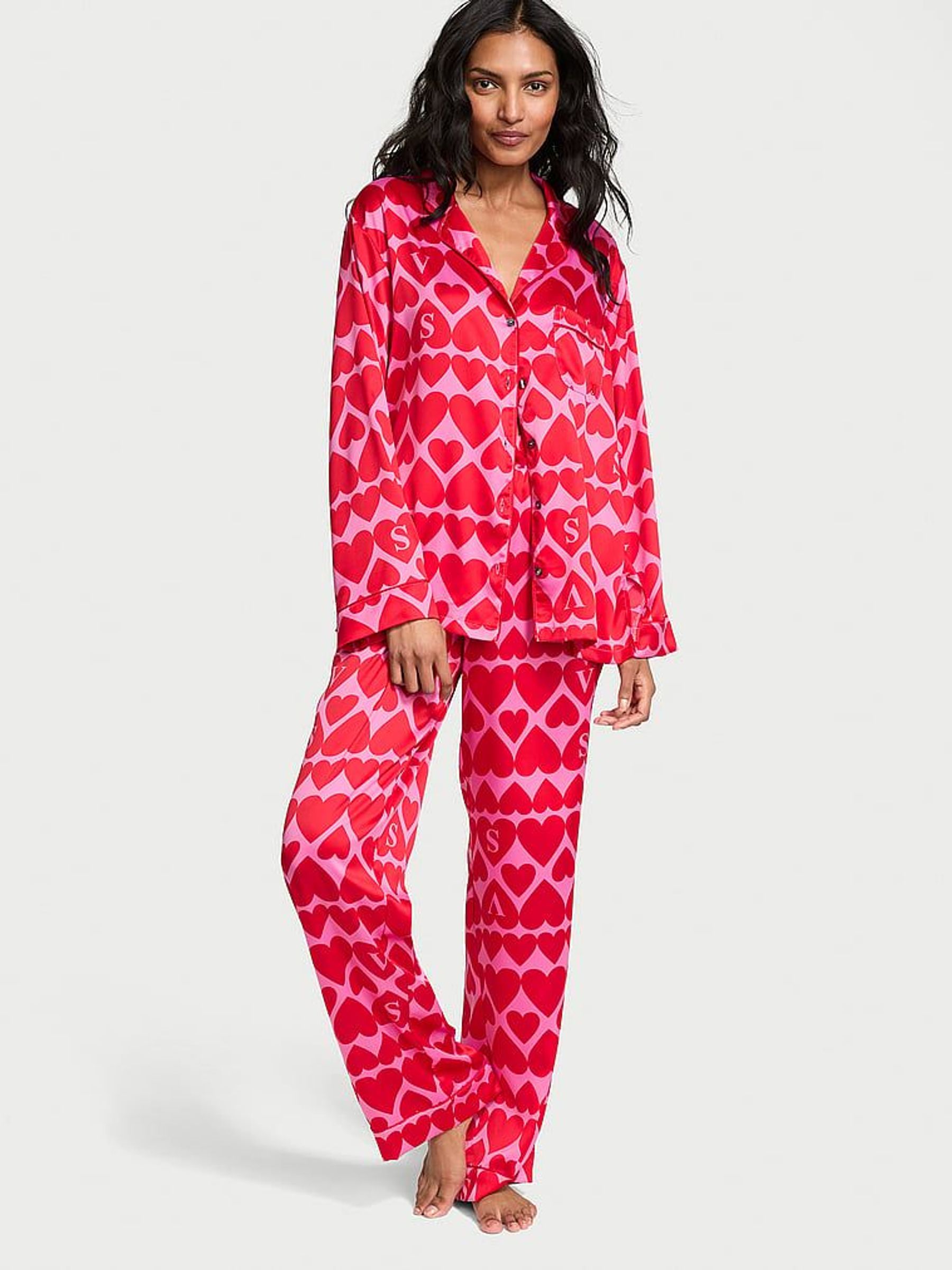 New Peony & Lipstick Pink Hearts Satin Long Pyjama Set (AC7502) | £69