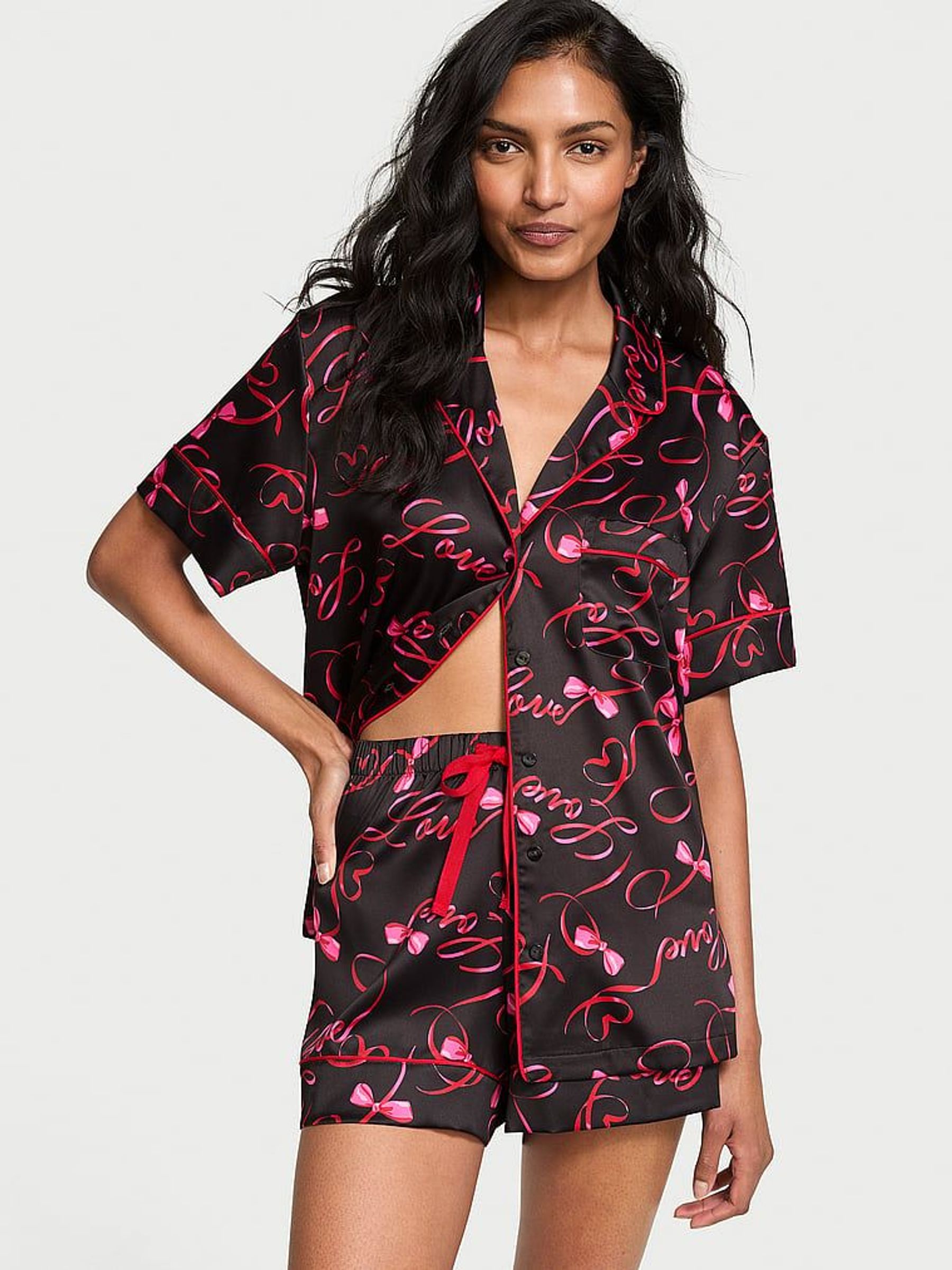 Black Love Script Satin Short Pyjama Set. (AC7510) | £65