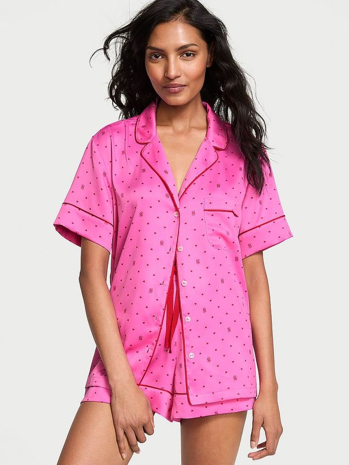 New Peony Pink Logo Hearts Satin Short Pyjama Set (AC7517) | £65