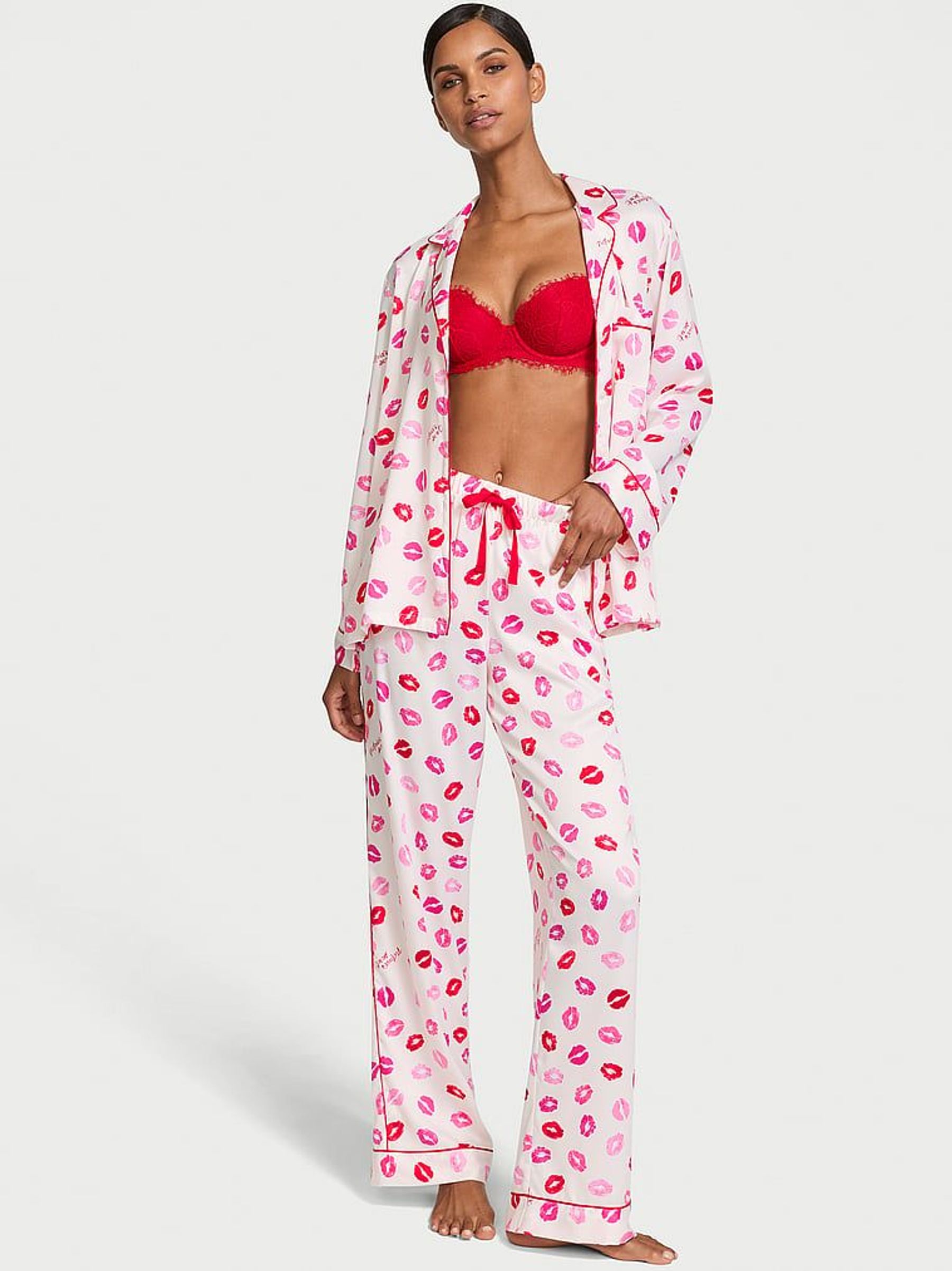 Coconut White/ Lipstick Pink Kisses Satin Long Pyjama Set (AC7521) | £69
