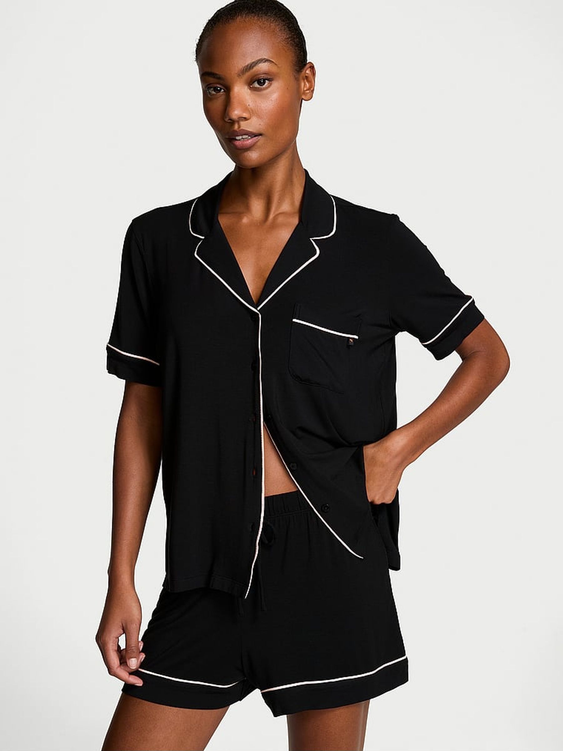 Black with Angel Pink Piping Modal Short Pyjama Set (AC7526) | £55