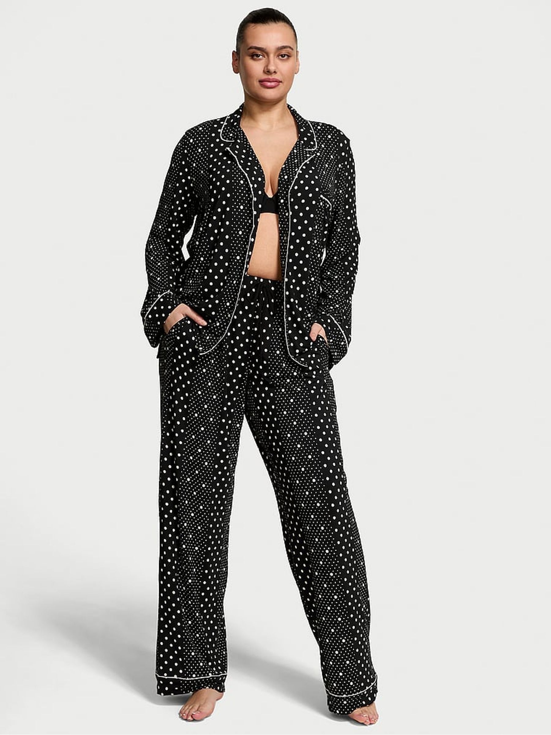 Black Dotted Stripe Modal Long Pyjama Set (AC7548) | £59